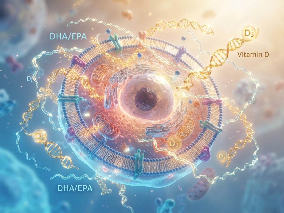 Ilustrace buňky s omega-3 mastnými kyselinami EPA a DHA a vitaminem D3 — vědecká vizualizace suplementace
