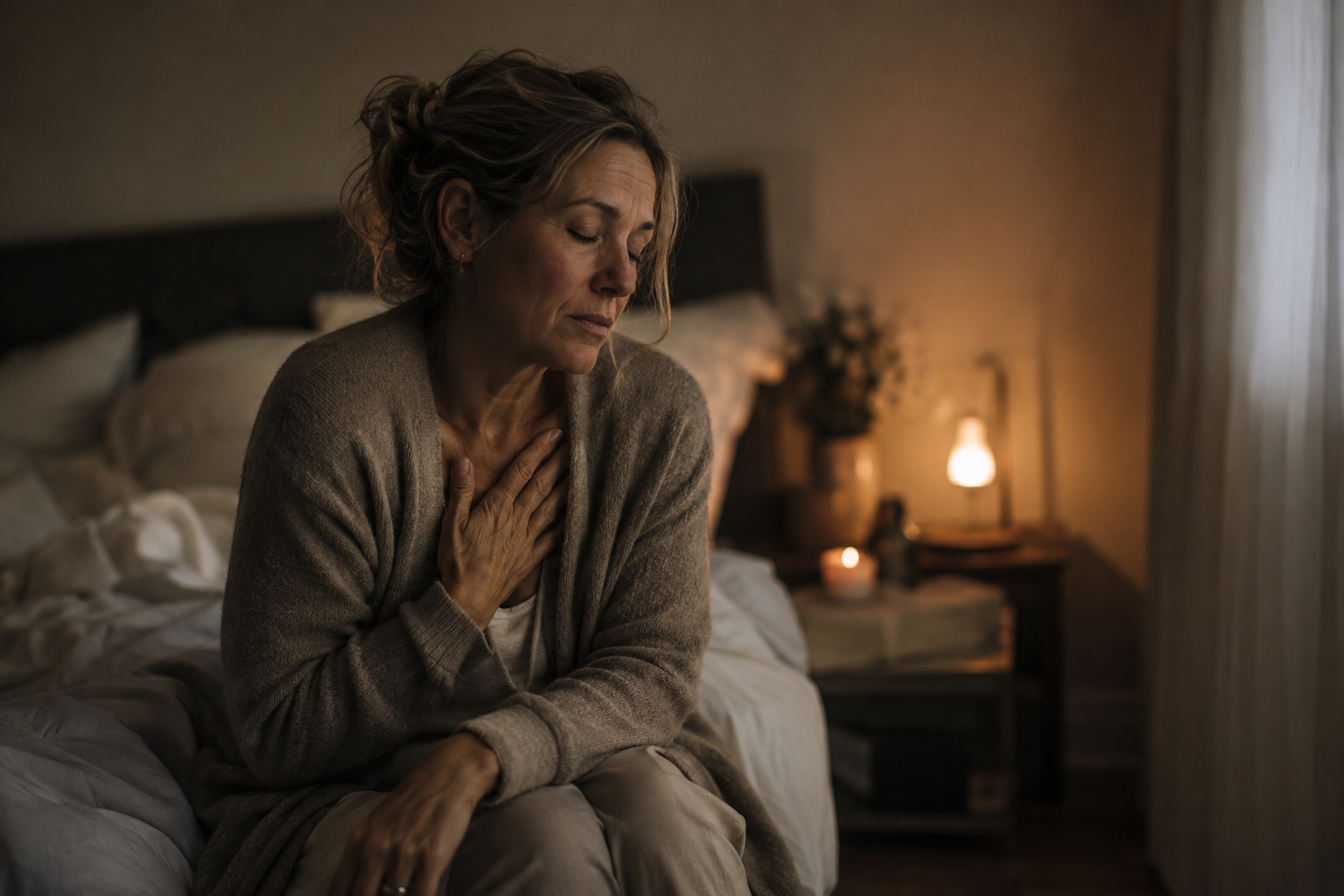 Žena po čtyřicítce sedí na posteli ve večerním světle a drží si ruku na hrudníku — tělo v pohotovosti, i když je unavené