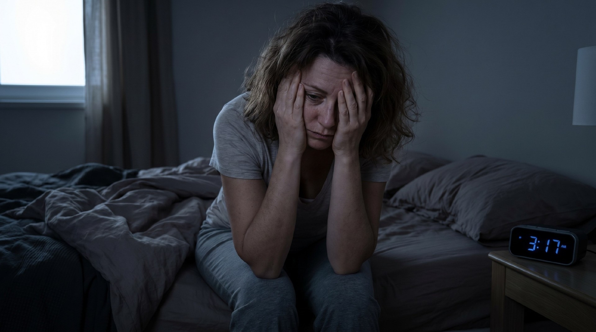 Žena po čtyřicítce sedí v noci na posteli s hlavou v dlaních, vedle digitální budík ukazuje 3:17 ráno